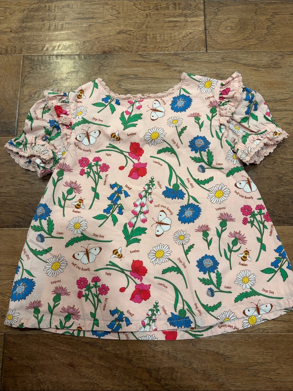 Mini Boden Pink Floral & Butterfly Ruffle Sleeve Top